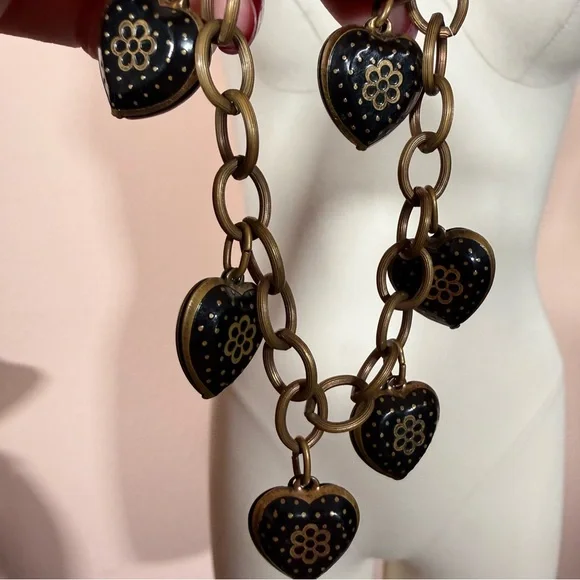 Antique Victorian revival art deco Brass Black enamel Heart Charm bracelet - Picture 11 of 17